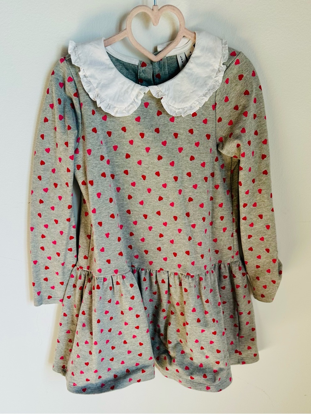Janie and Jack Grey Knit Dress with Pink Heart Print and White Peter Pan Collar